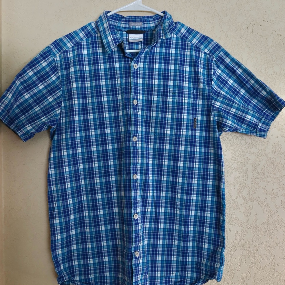 Columbia Men's Blue and White Plaid Dress Shirt